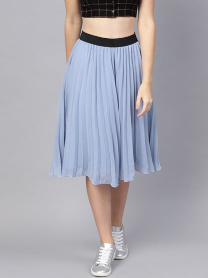 Women's Blue Pleated Flared Midi Skirt
