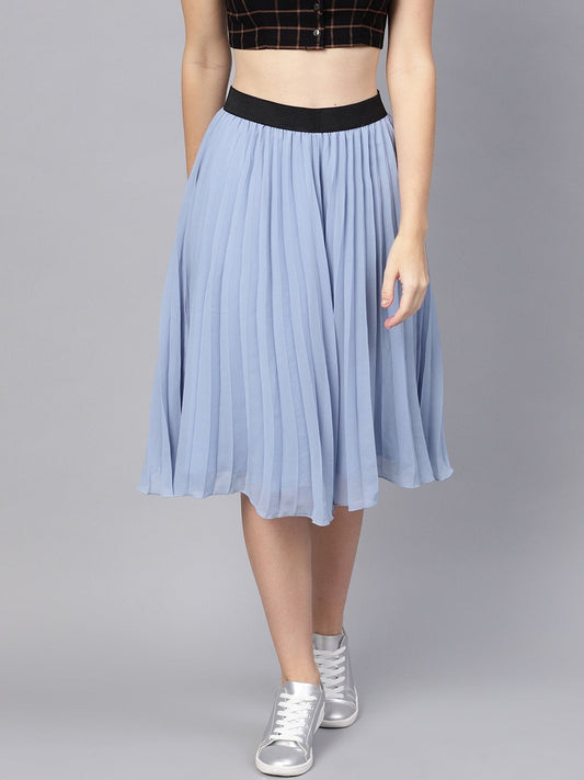 Women's Blue Pleated Flared Midi Skirt