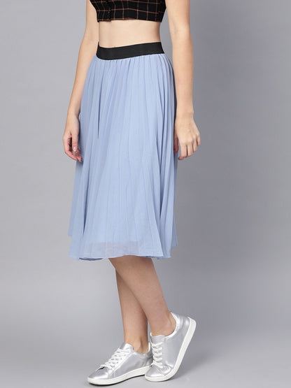 Women's Blue Pleated Flared Midi Skirt