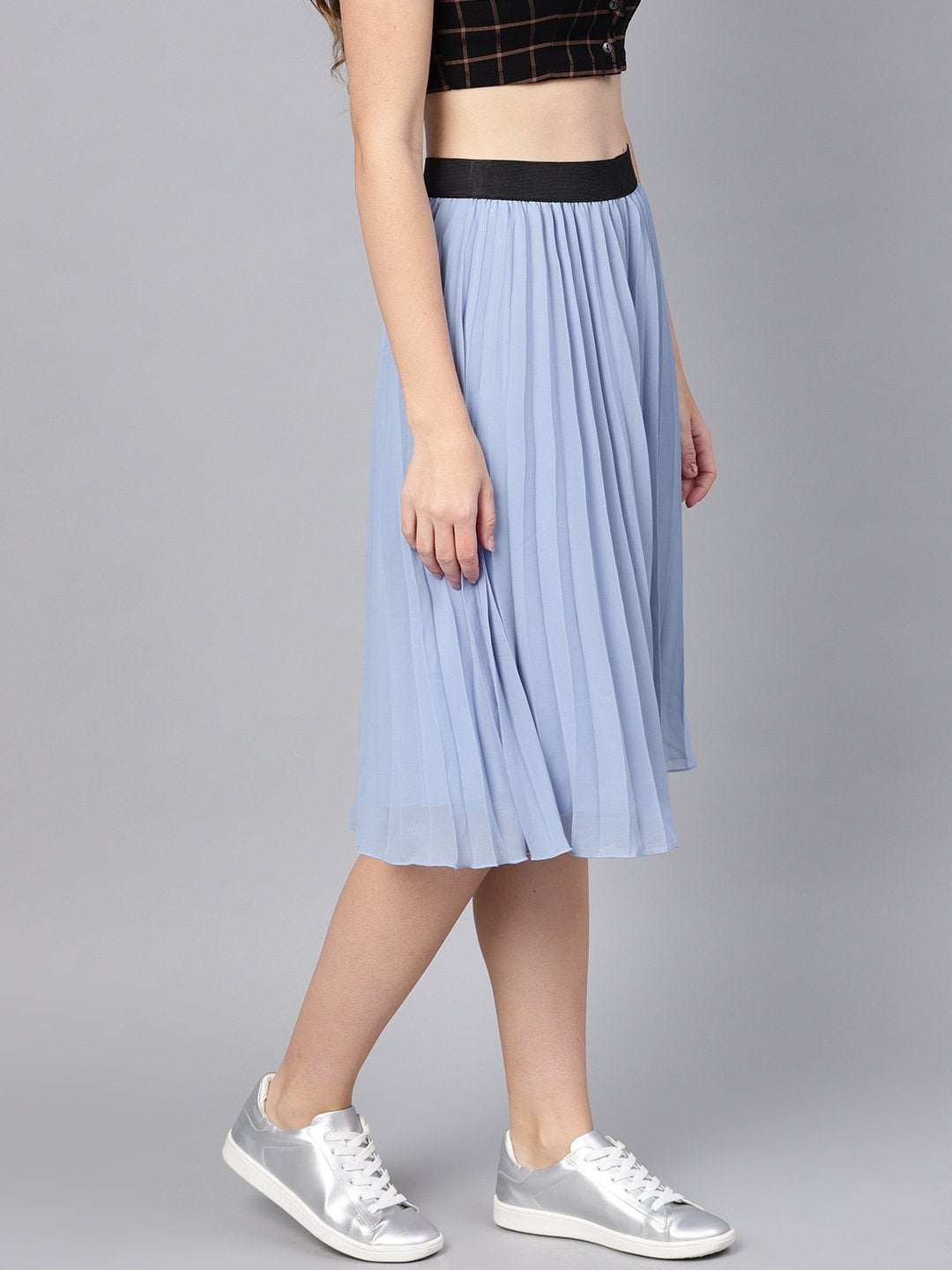 Women's Blue Pleated Flared Midi Skirt