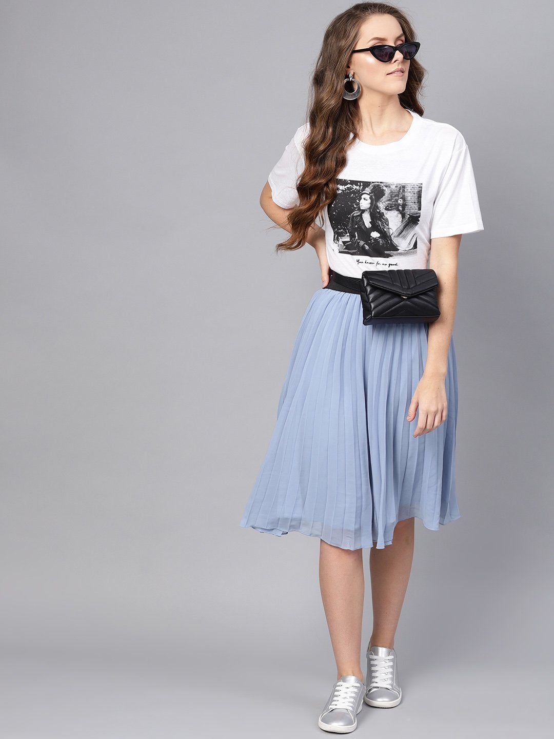 Women's Blue Pleated Flared Midi Skirt