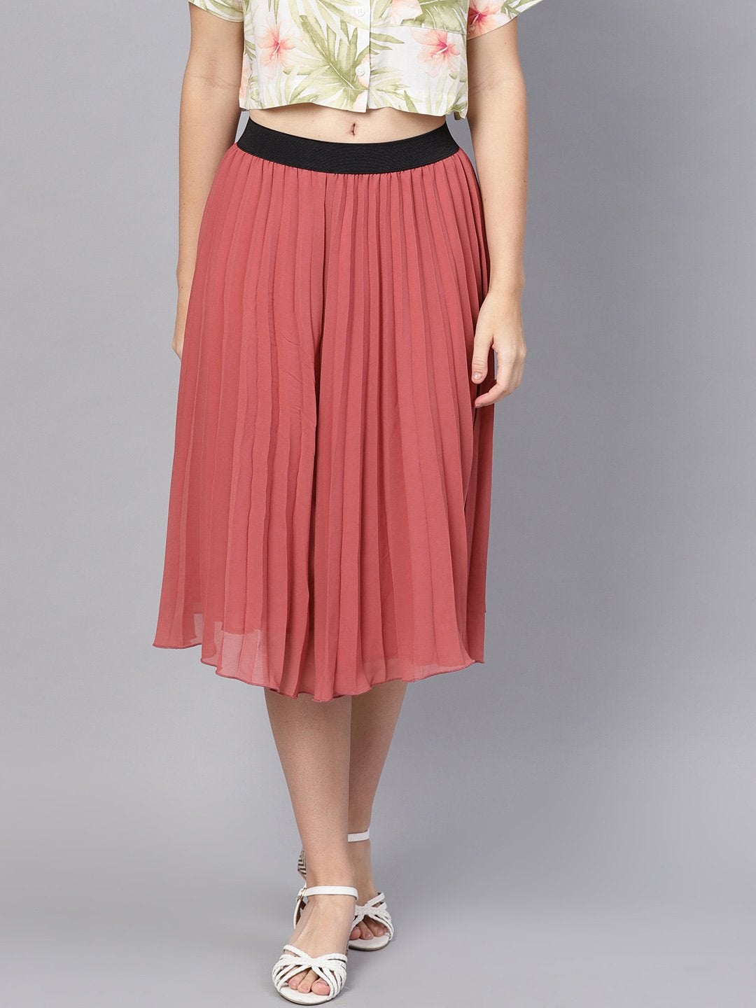 Women's Rose Pink Pleated Flared Midi Skirt