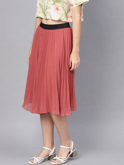 Women's Rose Pink Pleated Flared Midi Skirt