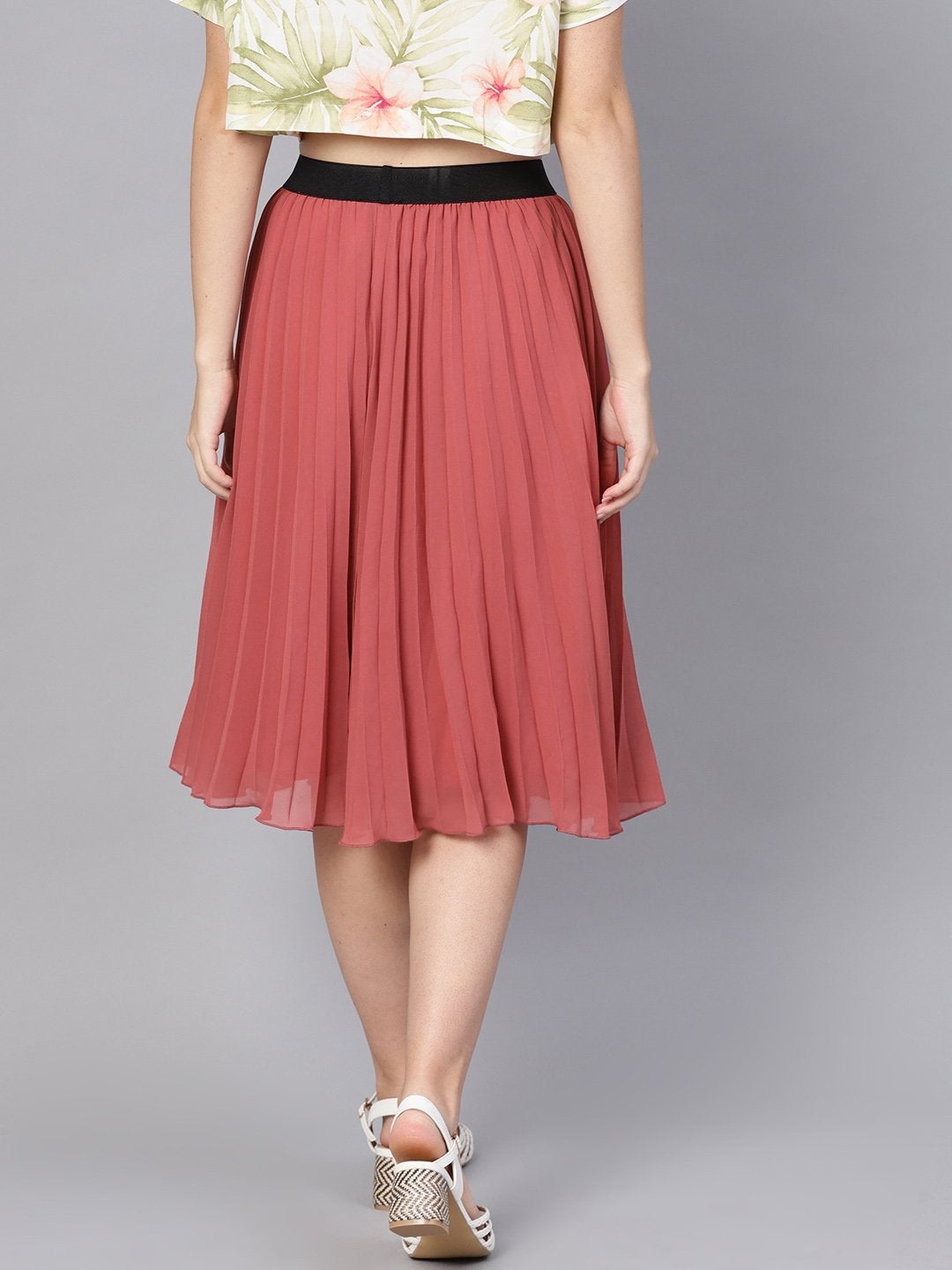 Women's Rose Pink Pleated Flared Midi Skirt
