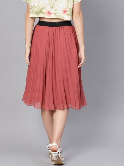 Women's Rose Pink Pleated Flared Midi Skirt