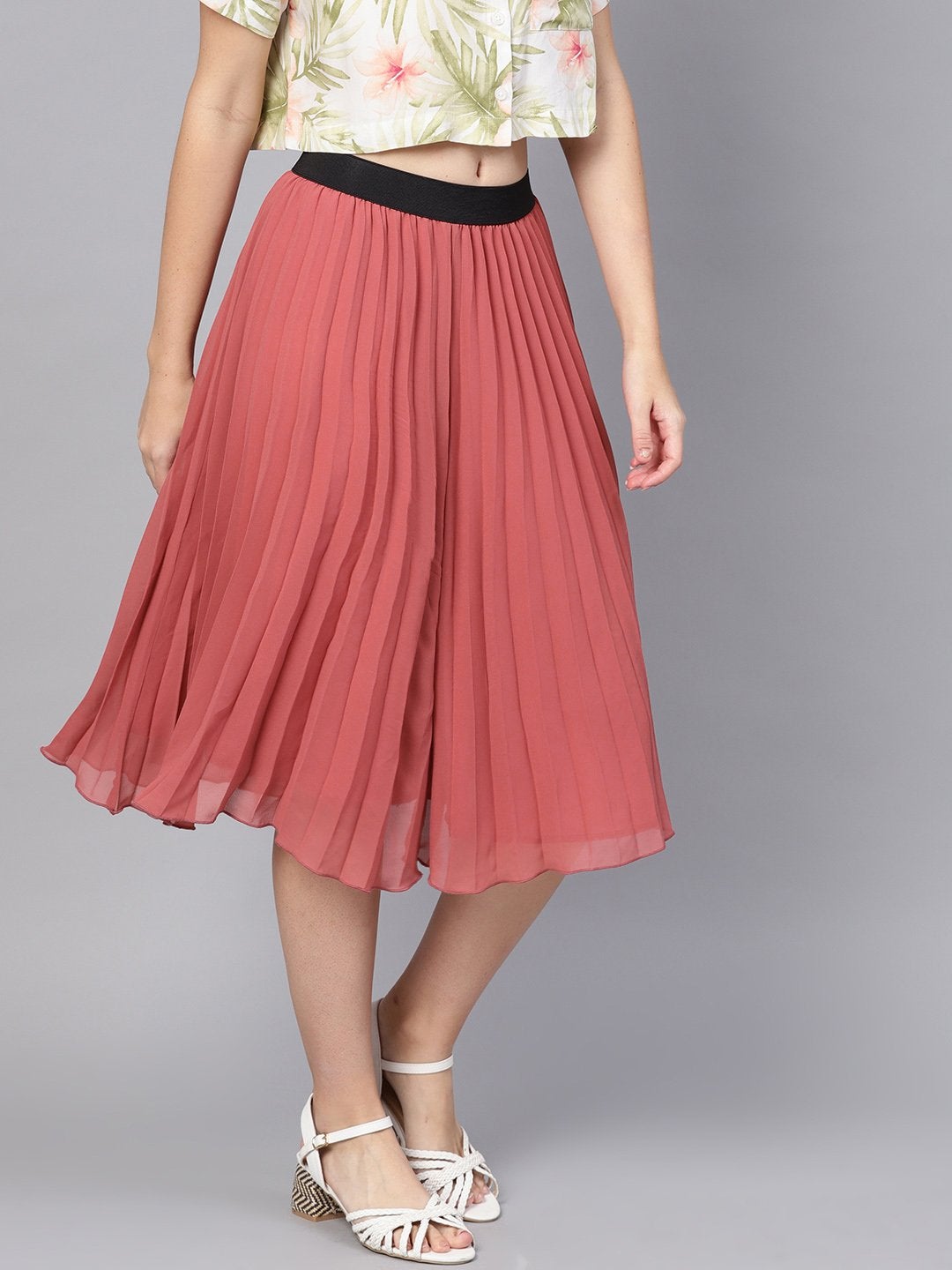 Women's Rose Pink Pleated Flared Midi Skirt