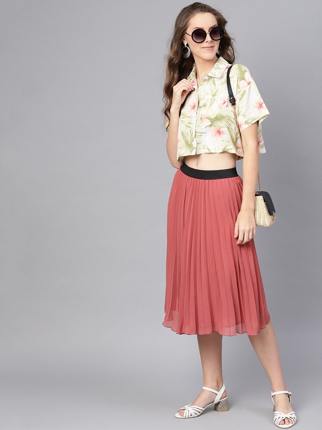 Women's Rose Pink Pleated Flared Midi Skirt