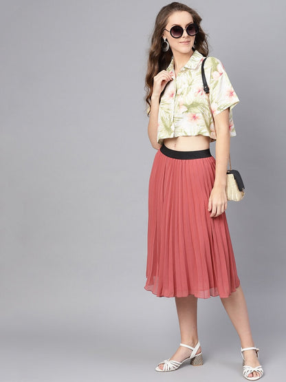 Women's Rose Pink Pleated Flared Midi Skirt