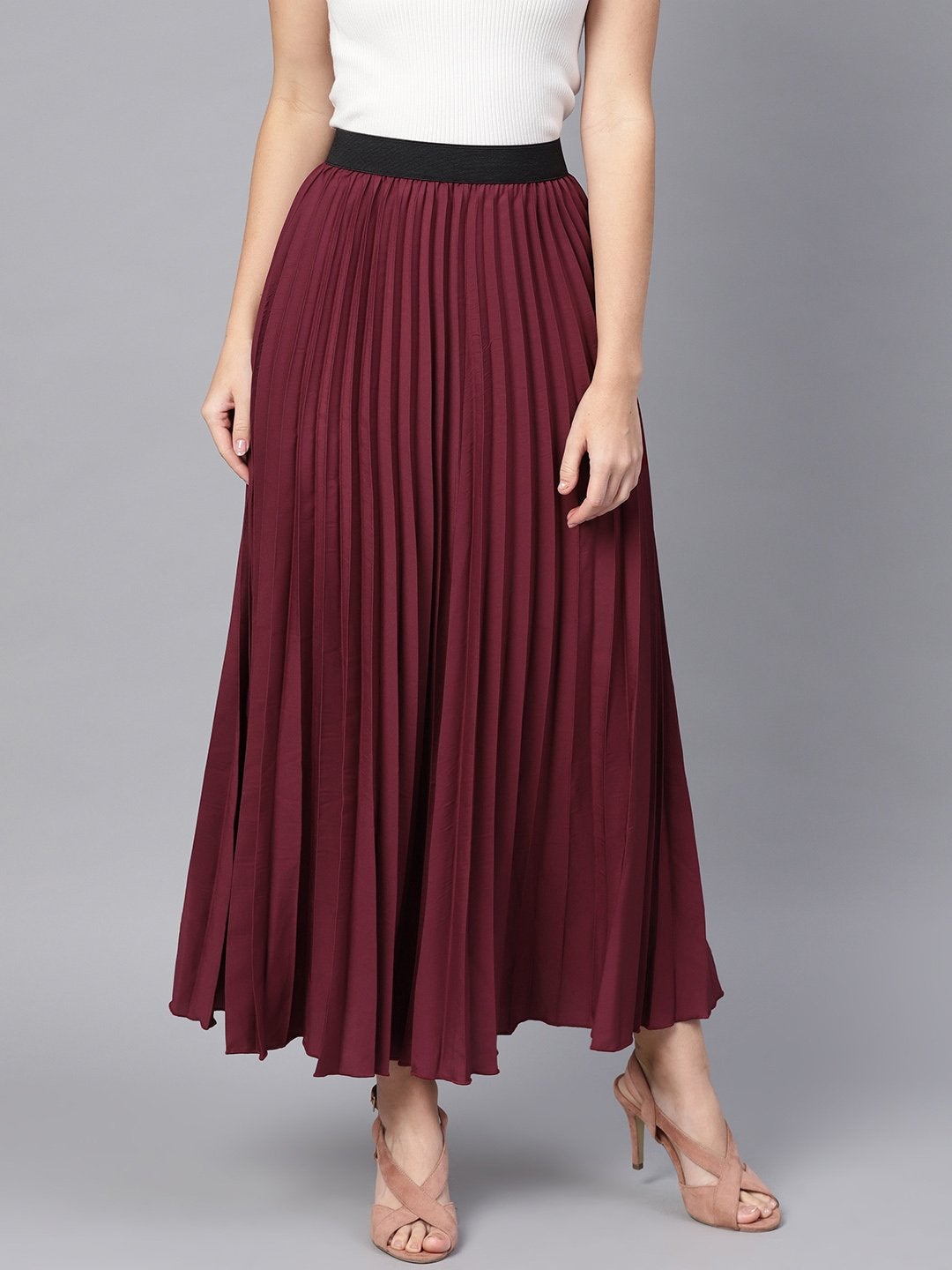 Women's Burgundy Pleated Maxi Skirt