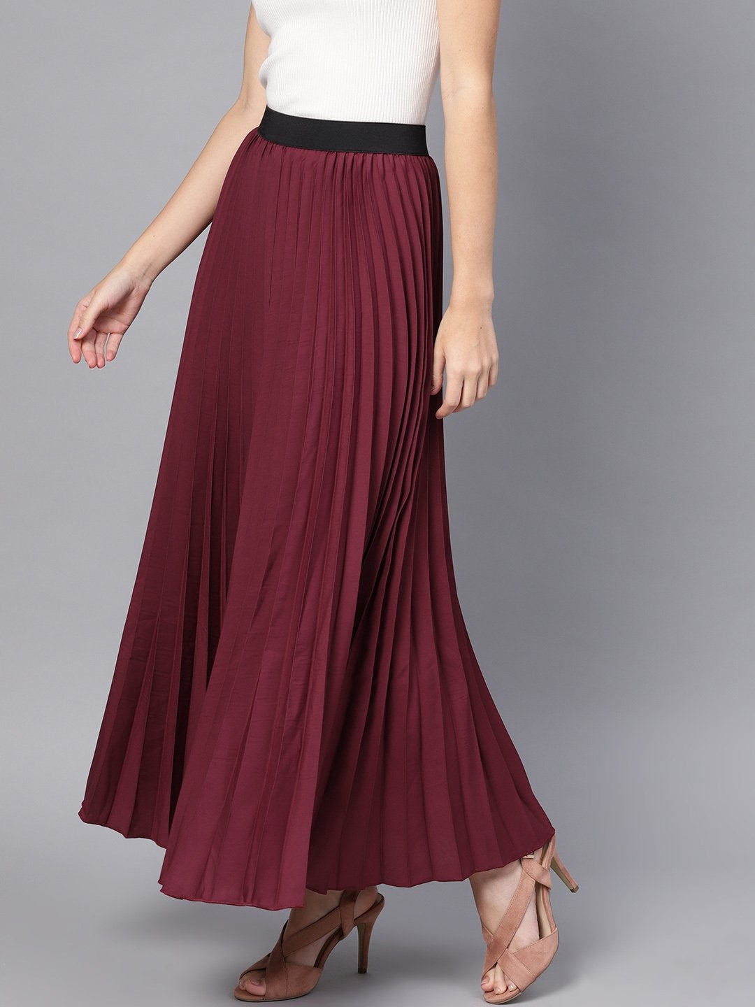 Women's Burgundy Pleated Maxi Skirt