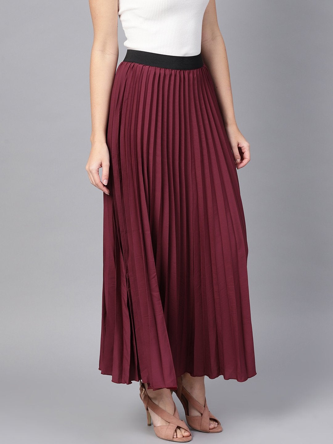 Women's Burgundy Pleated Maxi Skirt