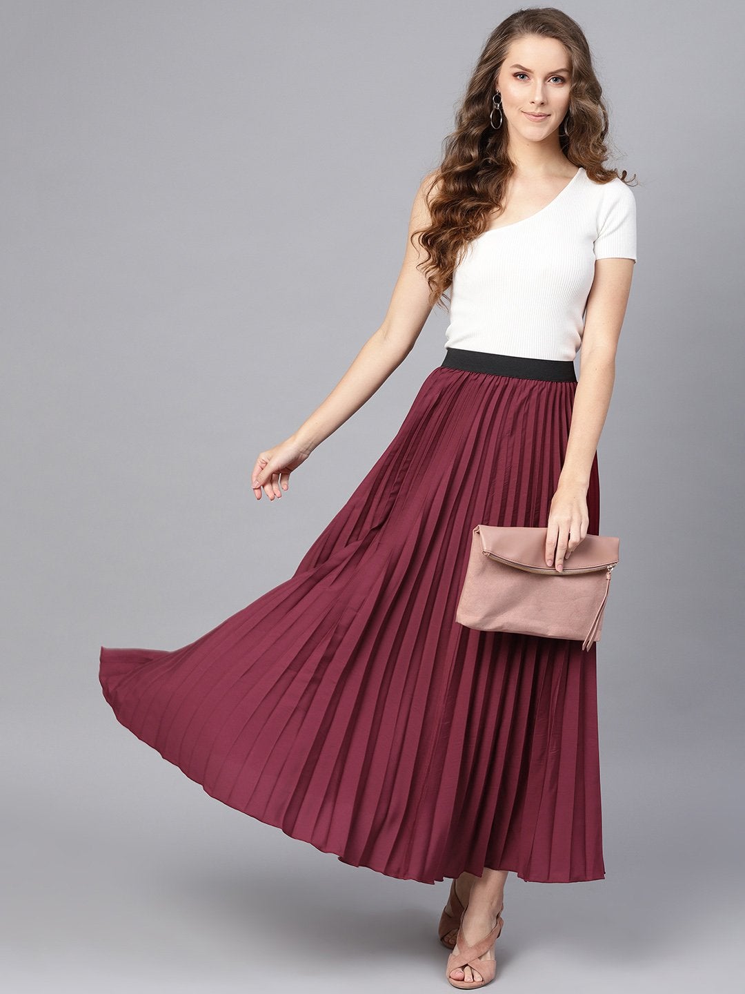 Women's Burgundy Pleated Maxi Skirt
