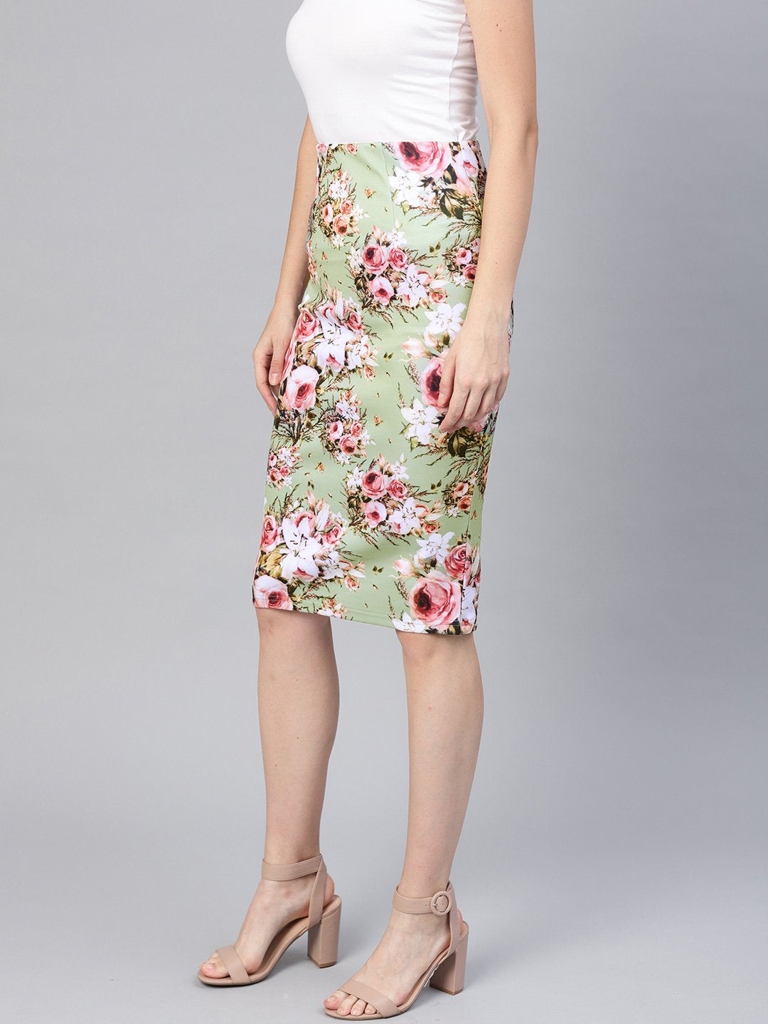 Women's Green Floral Pencil Skirt