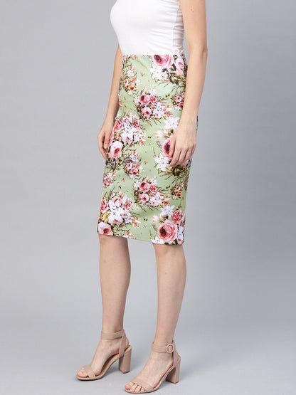 Women's Green Floral Pencil Skirt
