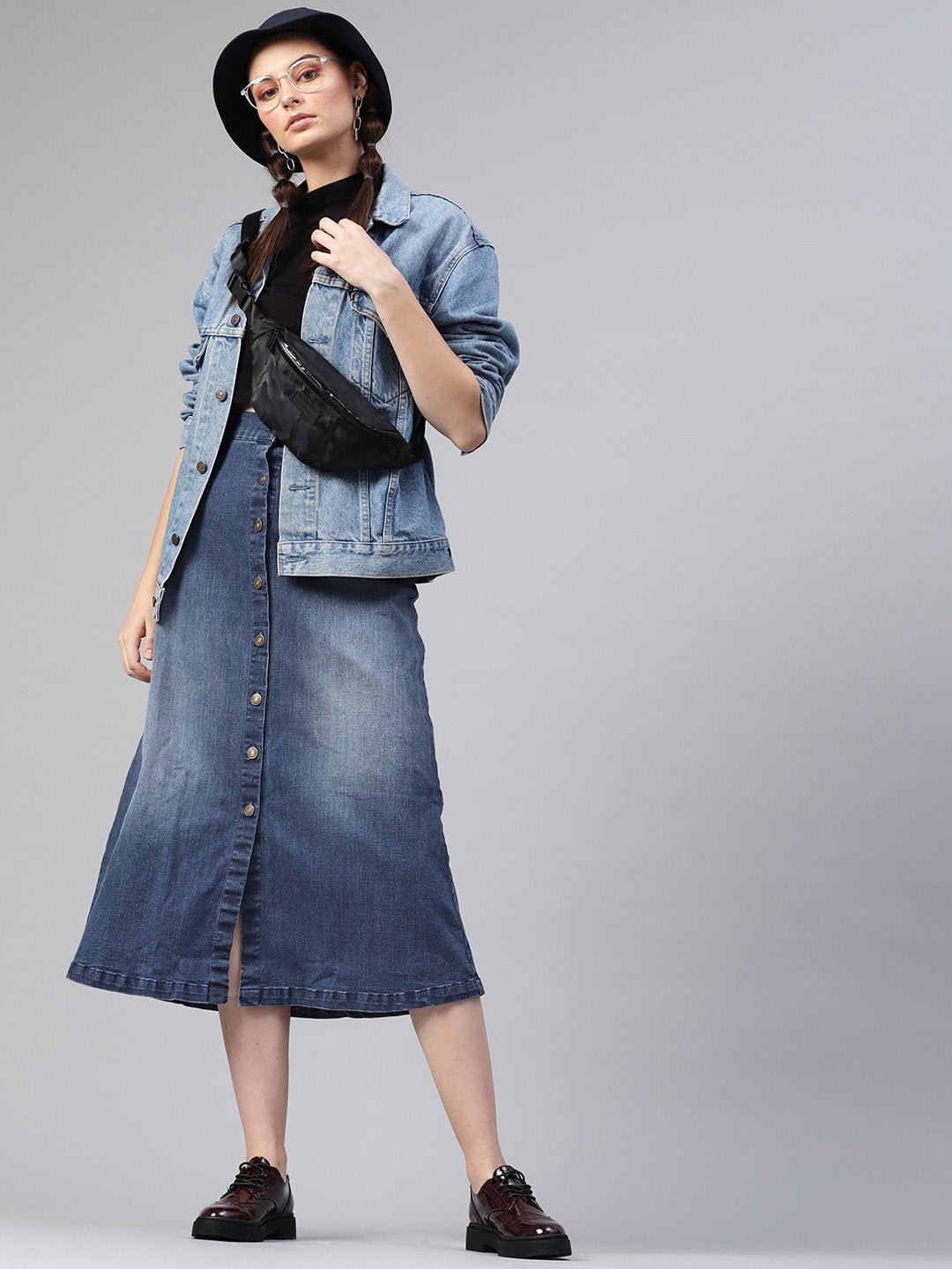 Women's Denim Blue Washed Long Buttoned Skirt