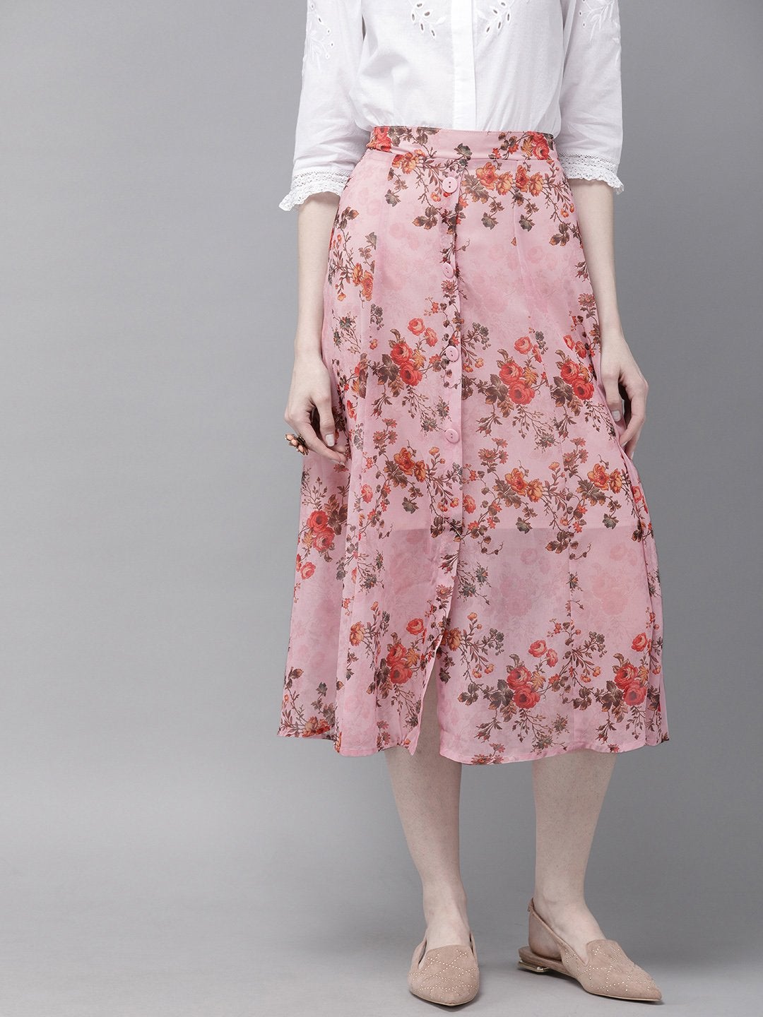 Women's Pink Floral A-Line Skirt