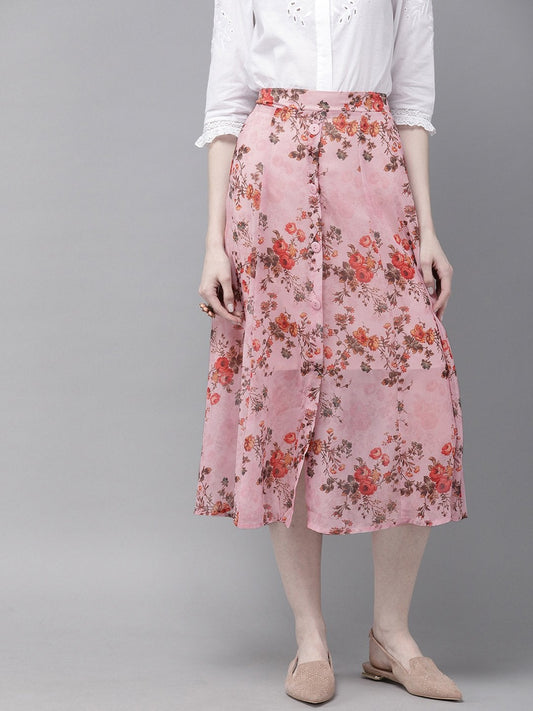 Women's Pink Floral A-Line Skirt