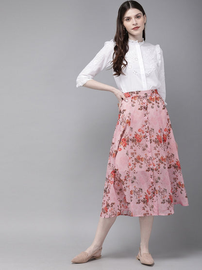 Women's Pink Floral A-Line Skirt