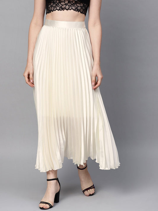 Women's White Satin Pleated Maxi Skirt
