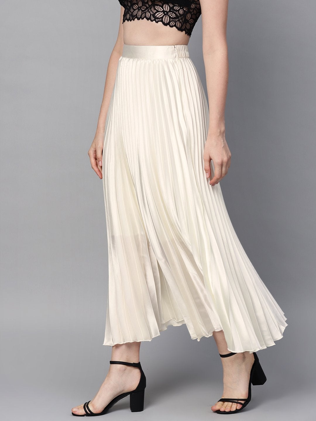 Women's White Satin Pleated Maxi Skirt