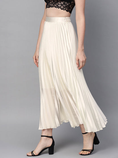 Women's White Satin Pleated Maxi Skirt