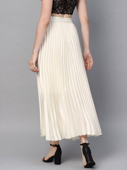 Women's White Satin Pleated Maxi Skirt