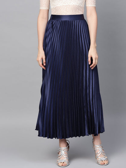 Women's Blue Satin Pleated Maxi Skirt
