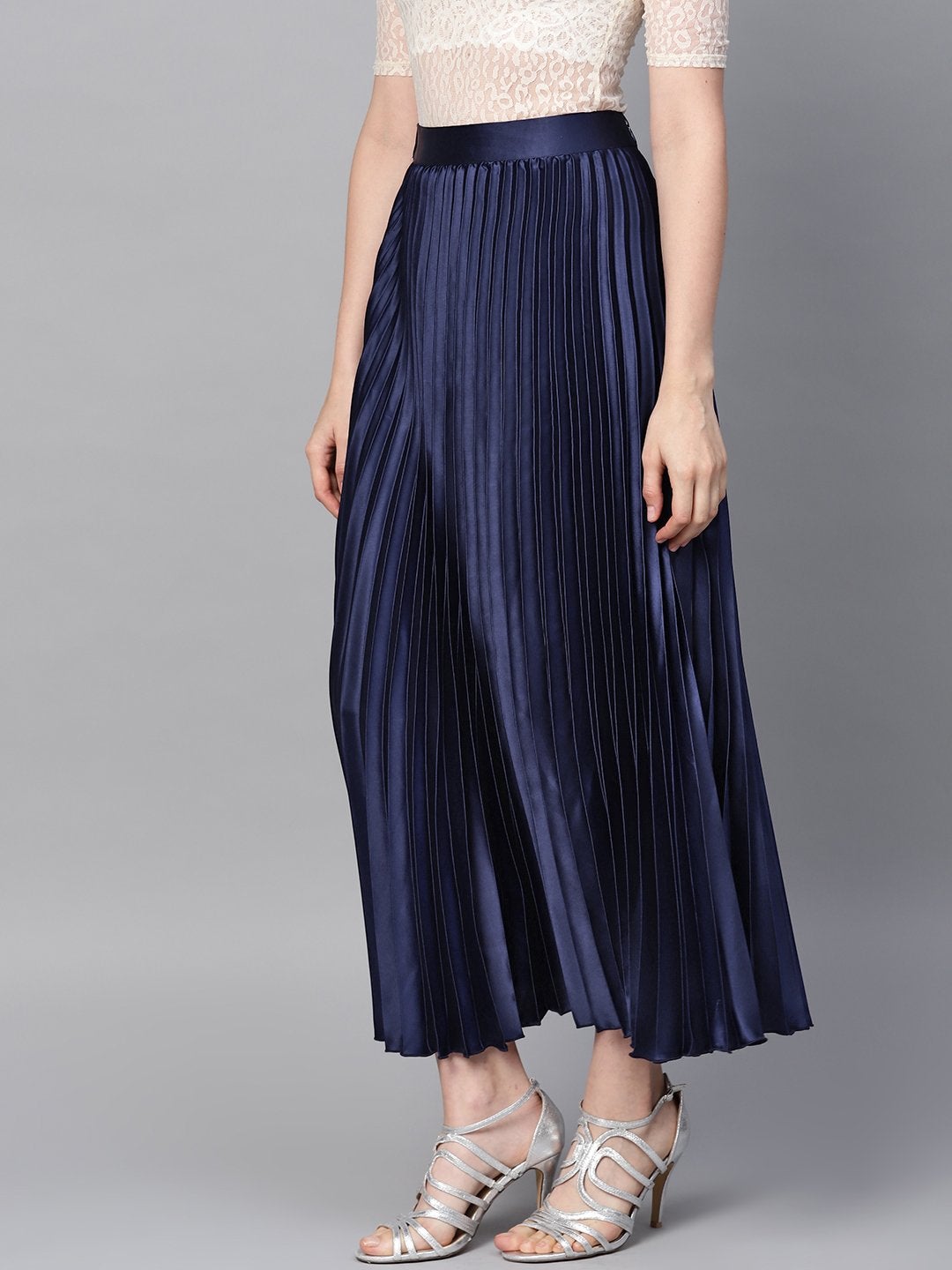 Women's Blue Satin Pleated Maxi Skirt