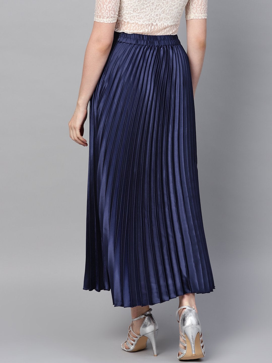 Women's Blue Satin Pleated Maxi Skirt