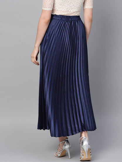 Women's Blue Satin Pleated Maxi Skirt