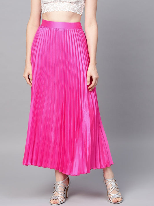 Women's Pink Satin Pleated Maxi Skirt