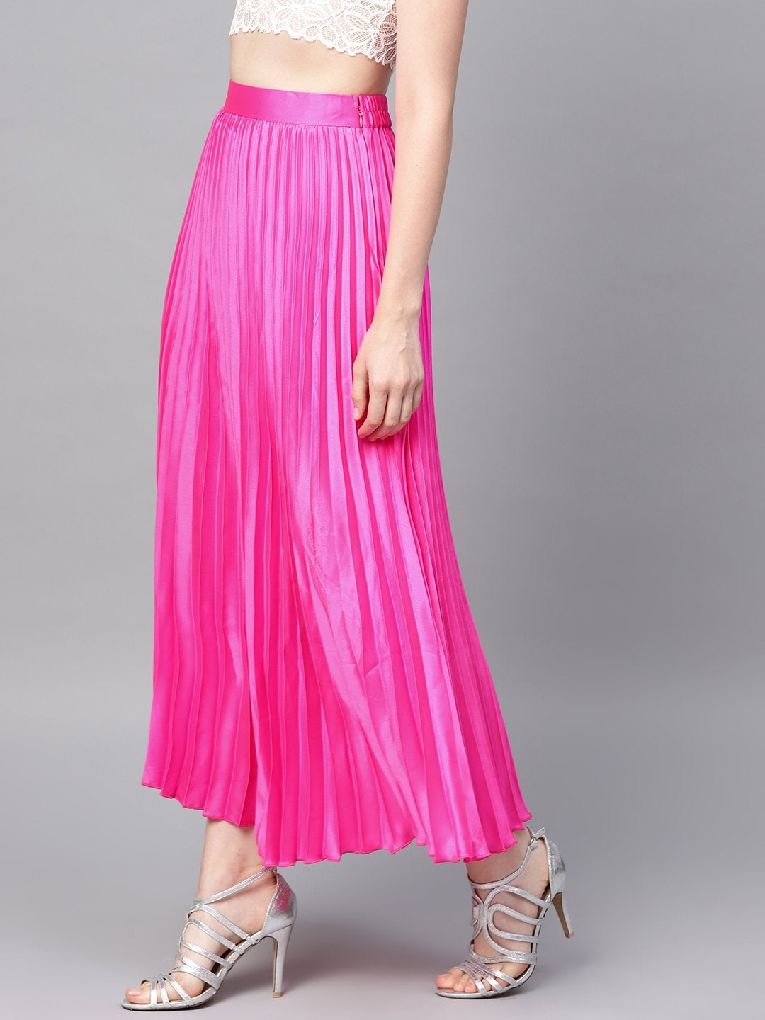 Women's Pink Satin Pleated Maxi Skirt