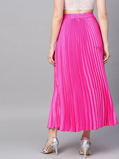 Women's Pink Satin Pleated Maxi Skirt