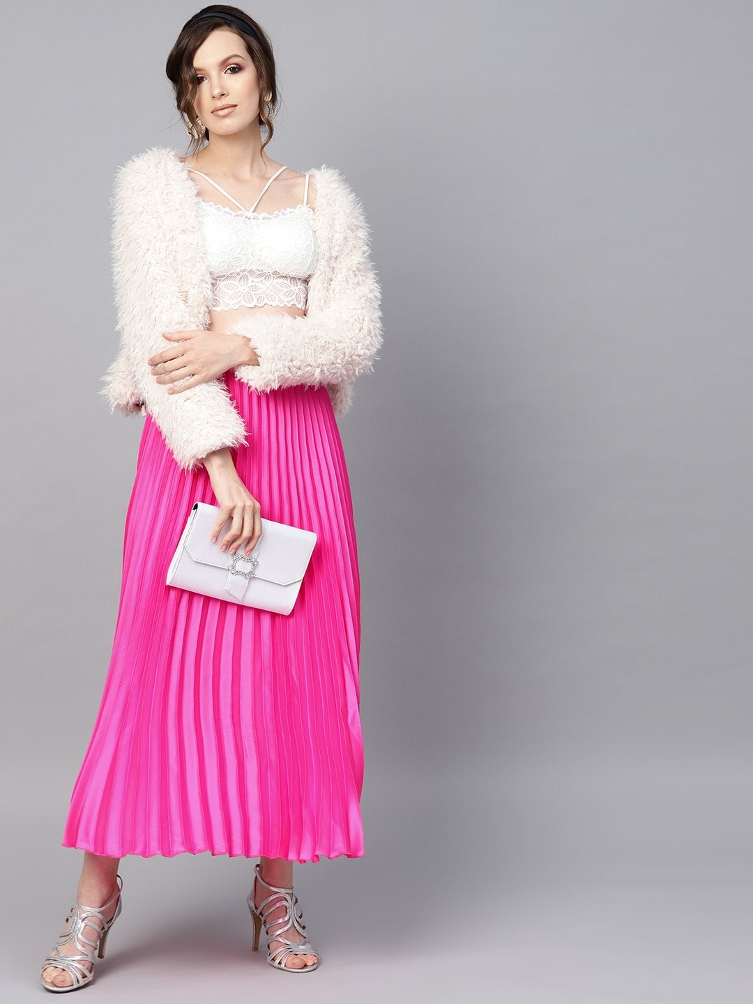 Women's Pink Satin Pleated Maxi Skirt