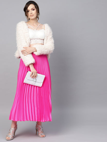 Women's Pink Satin Pleated Maxi Skirt