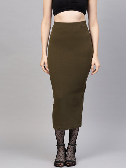 Women's Olive Rib Pencil Midi Skirt