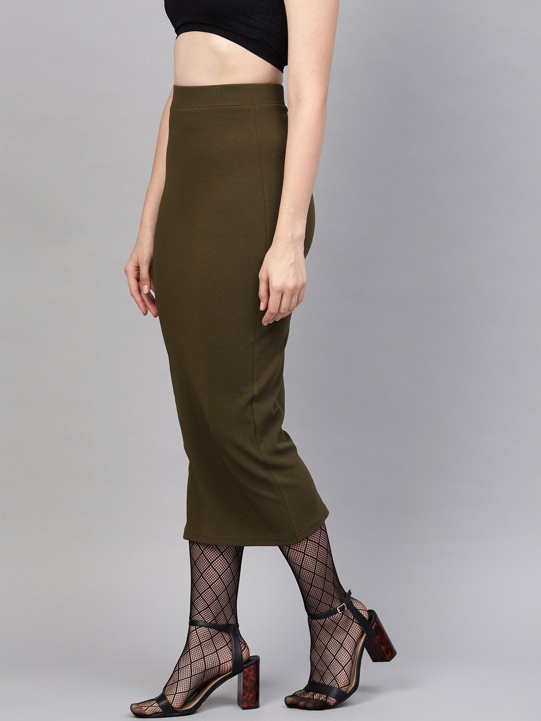 Women's Olive Rib Pencil Midi Skirt
