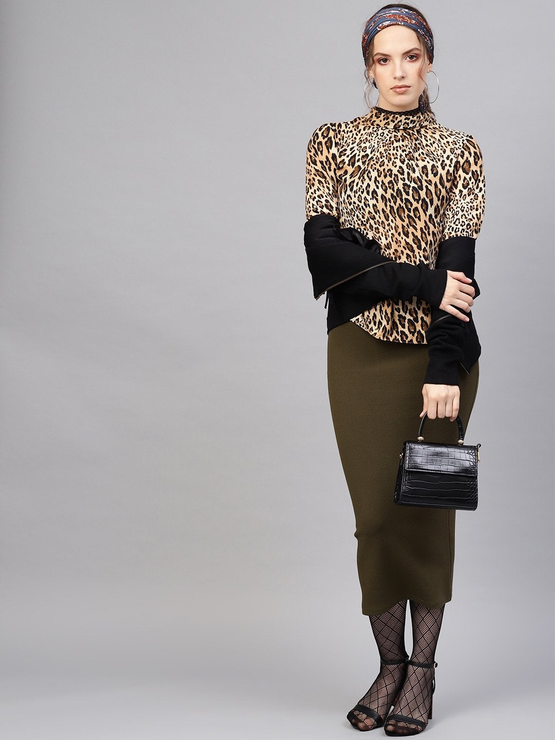 Women's Olive Rib Pencil Midi Skirt