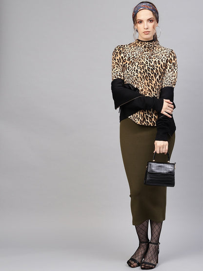 Women's Olive Rib Pencil Midi Skirt