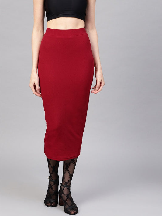 Women's Red Rib Pencil Midi Skirt