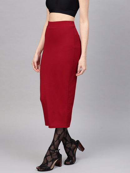 Women's Red Rib Pencil Midi Skirt