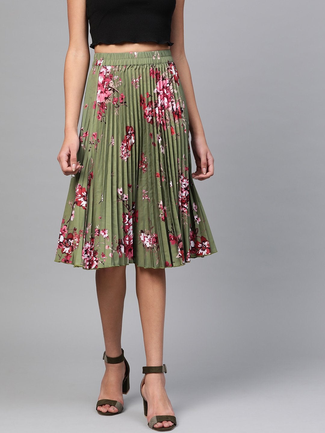 Women's Olive Floral Short Pleated Skirt