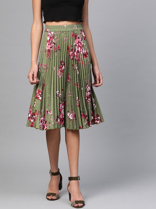 Women's Olive Floral Short Pleated Skirt