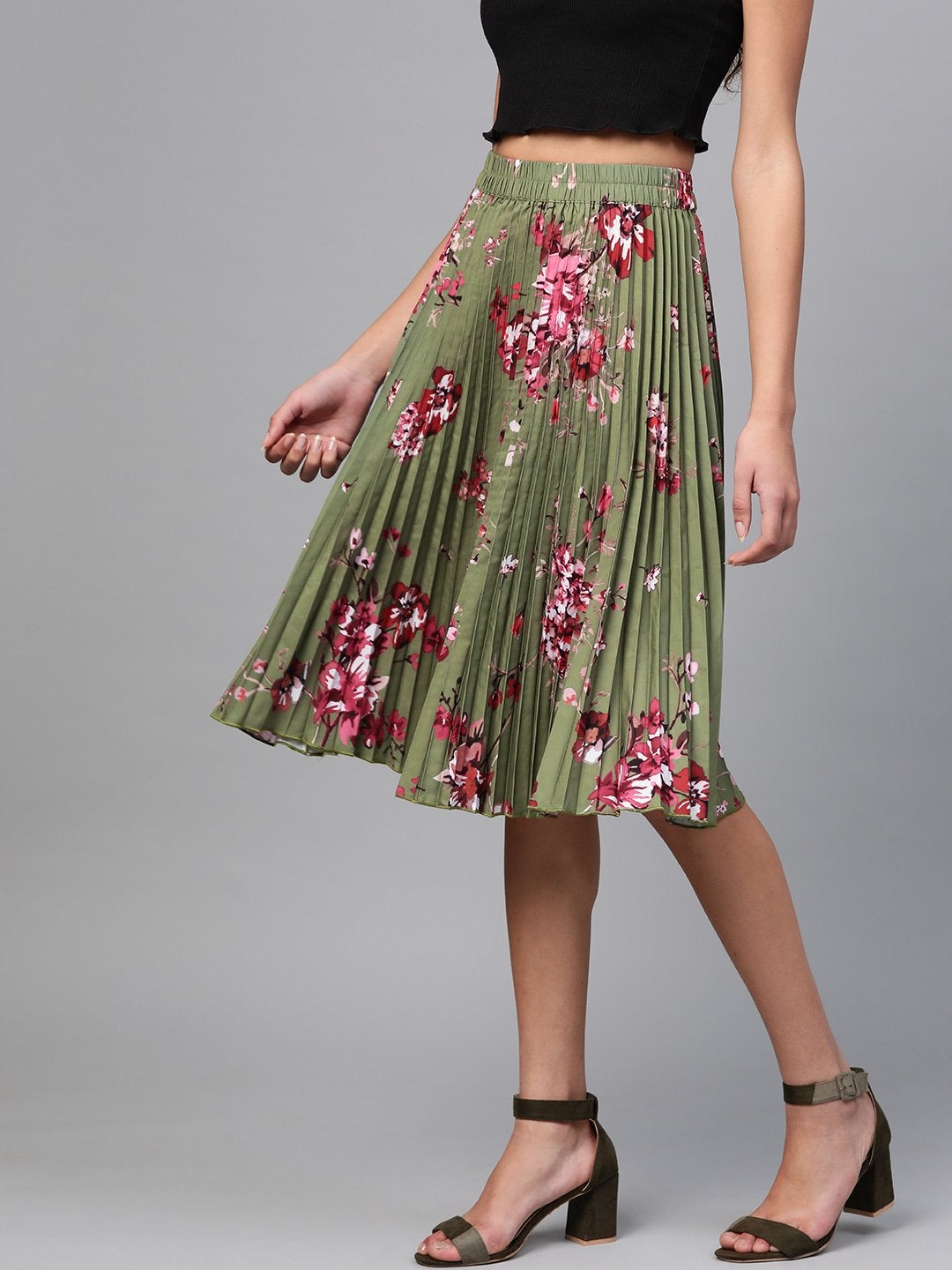 Women's Olive Floral Short Pleated Skirt