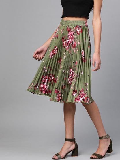 Women's Olive Floral Short Pleated Skirt
