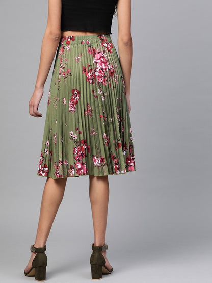 Women's Olive Floral Short Pleated Skirt