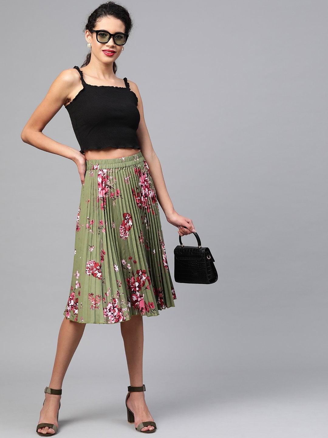 Women's Olive Floral Short Pleated Skirt