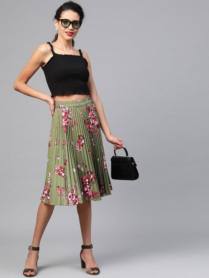 Women's Olive Floral Short Pleated Skirt