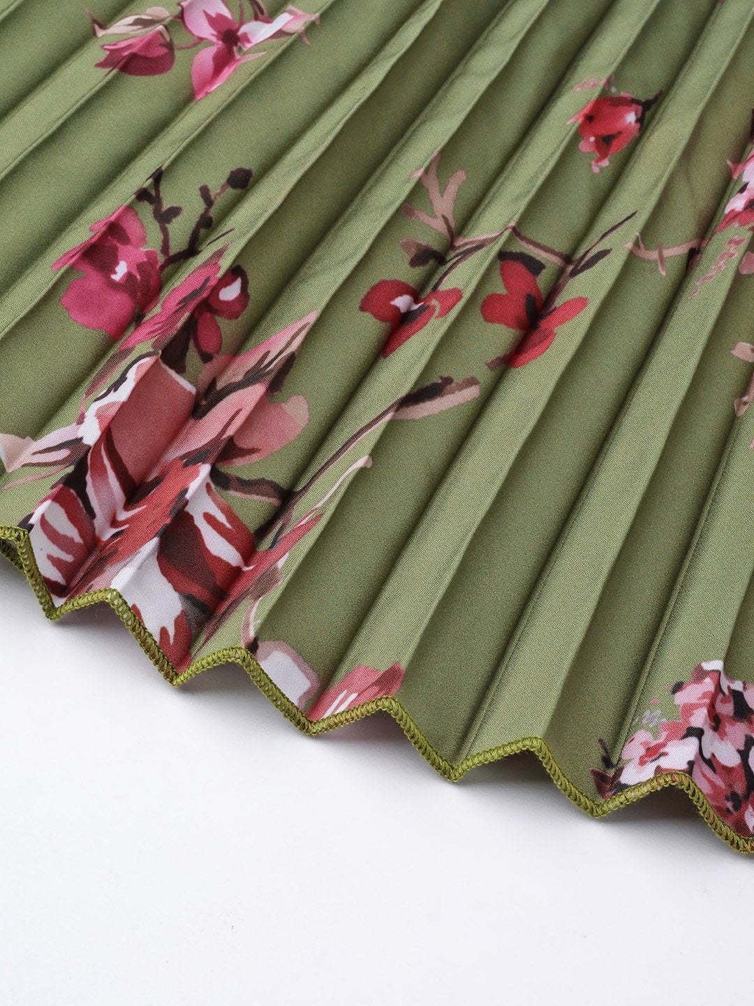 Women's Olive Floral Short Pleated Skirt