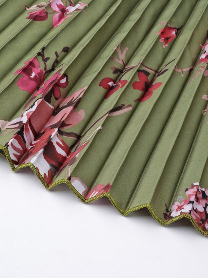 Women's Olive Floral Short Pleated Skirt
